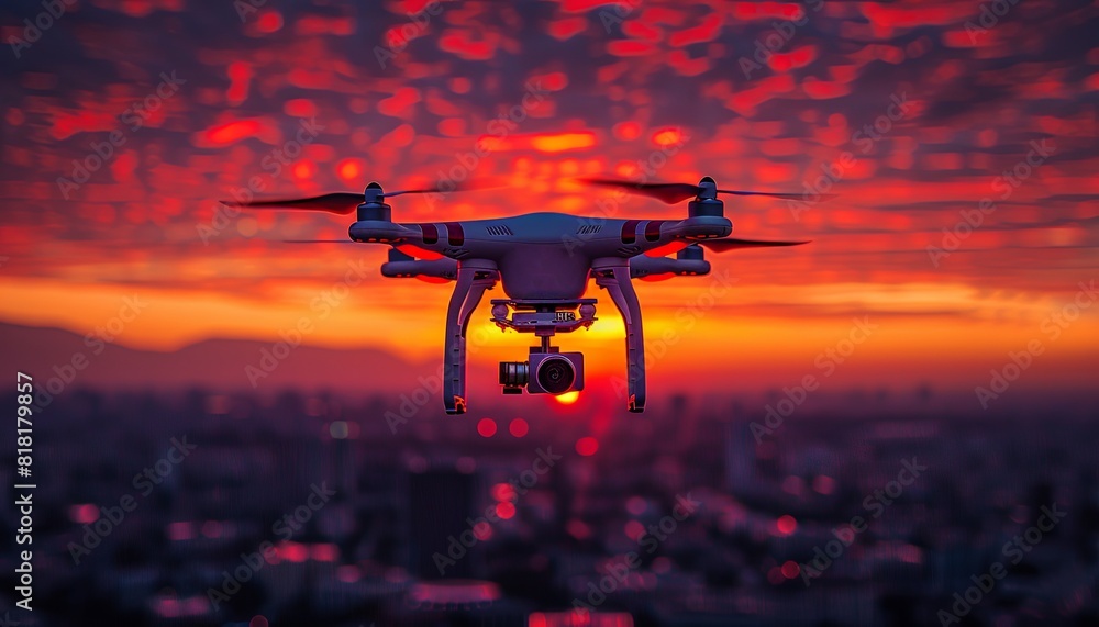 Photo of a drone with a camera flying in the sky at sunset, remote control aerial photography, in the style of 2D illustration with a blurred background, high resolution. generative AI