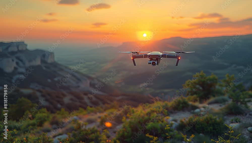 Fototapeta premium Photo of a drone with a camera flying in the sky at sunset, remote control aerial photography, in the style of 2D illustration with a blurred background, high resolution. generative AI