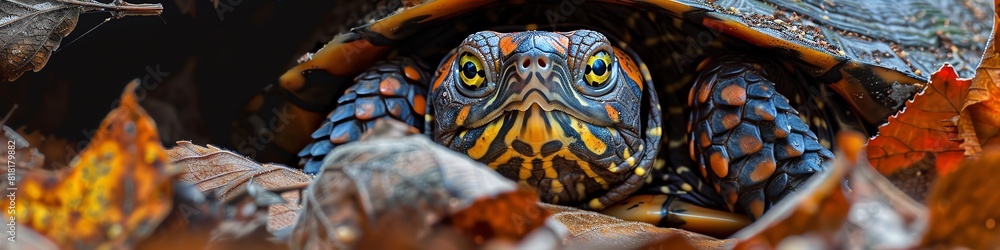 Craft a digital composition featuring a box turtle peeking out from its shell in a high-angle perspective Craft a digital composition featuring a box turtle peeking out from its shell in a high-angle perspective