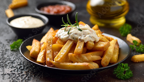 Oven baked fries with garlic aioli sauce. Tasty snack. Delicious food for dinner. Culinary concept