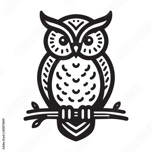 Wild Owl bird on the branch silhouette flat vector illustration logo style  photo