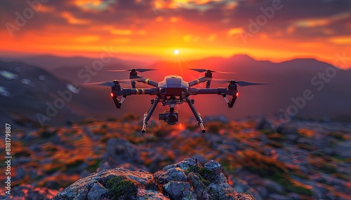 Photo of a drone with a camera flying in the sky at sunset, remote control aerial photography, in the style of 2D illustration with a blurred background, high resolution. generative AI