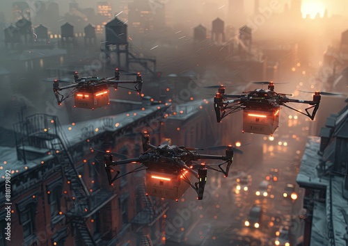Drones carrying boxes were flying over the city in a photo realistic style. The stock photography and was high resolution with highly detailed and sharp focus with no blur. generative AI