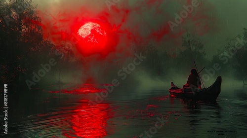 A man in a boat on a lake with a red sun.