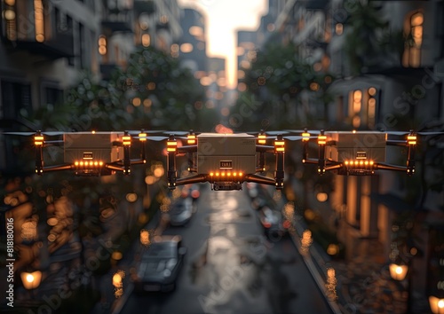 Drones carrying boxes were flying over the city in a photo realistic style. The stock photography and was high resolution with highly detailed and sharp focus with no blur. generative AI