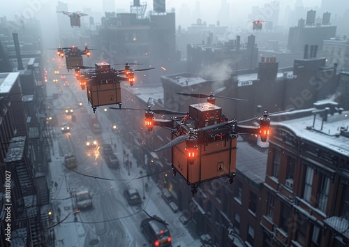 Drones carrying boxes were flying over the city in a photo realistic style. The stock photography and was high resolution with highly detailed and sharp focus with no blur. generative AI