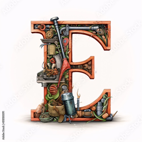 Letter E made of vintage hand tools and accessories. 3D rendering