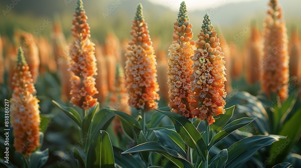 A field of tall, golden sorghum swaying in the wind. A field of tall, golden sorghum swaying in the wind.