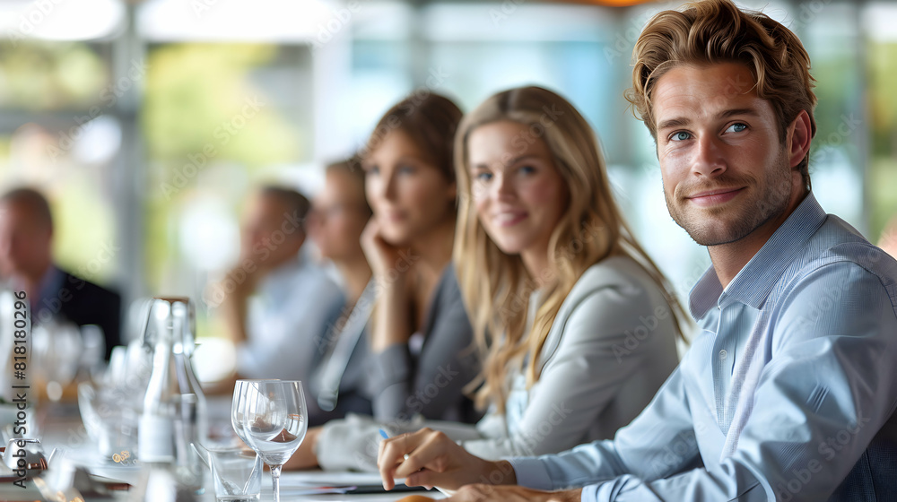 Photo realistic business team review project timelines over lunch, emphasizing organization and efficiency Stock Photo Concept Photo realistic business team review project timelines over lunch, emphasizing organization and efficiency Stock Photo Concept