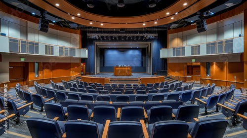 A spacious, modern auditorium featuring blue chairs, a wooden podium on stage, and ample lighting, designed for presentations or performances.