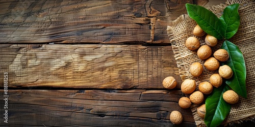 Almonds on a wooden background with leaves.