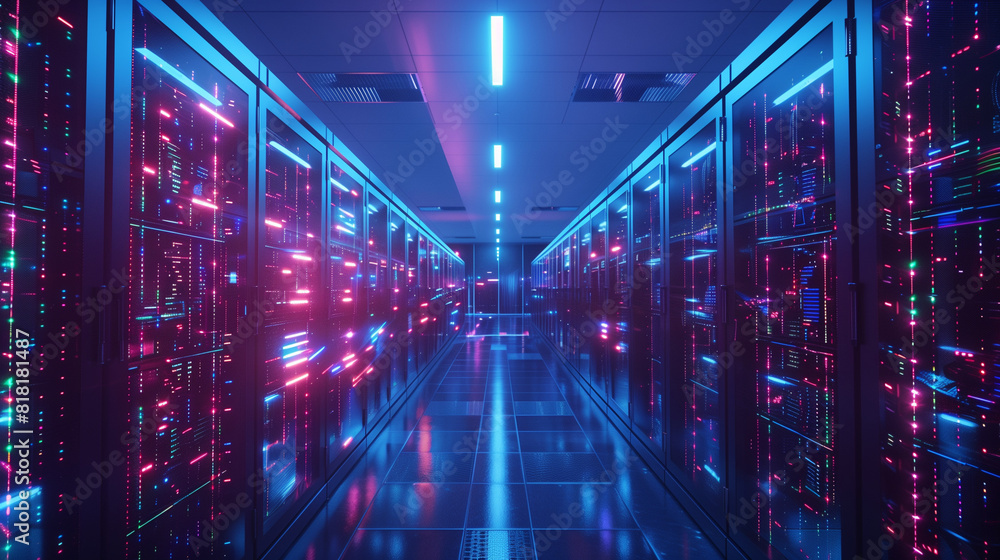 Rows of Servers in a Data Center With Colorful Lights Rows of Servers in a Data Center With Colorful Lights