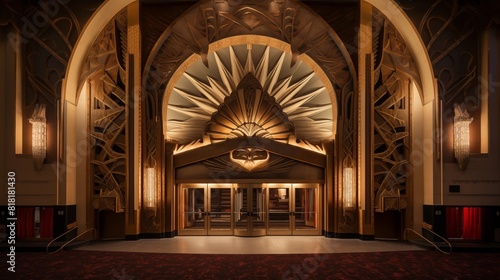 An opulent Art Deco theater entrance with grand arches and intricate patterns