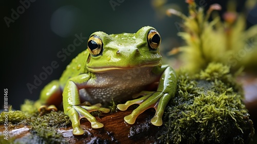 Vibrant Green Frog Sitting on Mossy Surface  Close-Up Nature Photography