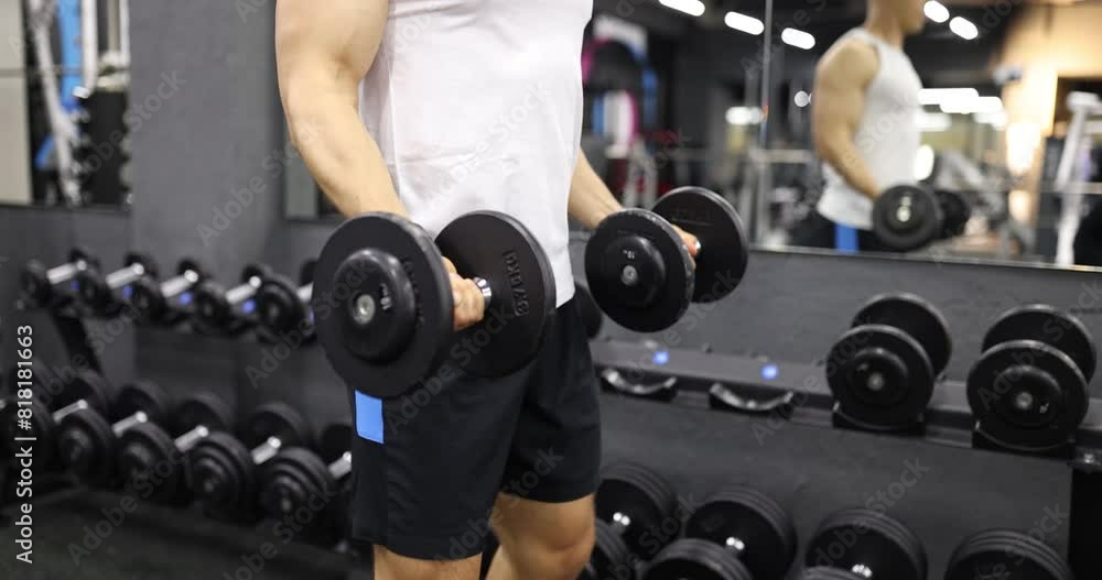 Strong man lifts heavy dumbbells standing in modern gym. Motivated athlete does effective exercise with weight to pump up arm muscles slow motion Strong man lifts heavy dumbbells standing in modern gym. Motivated athlete does effective exercise with weight to pump up arm muscles slow motion