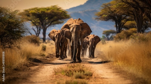 Herd of Elephants Walking Through African Savanna Scenery photo