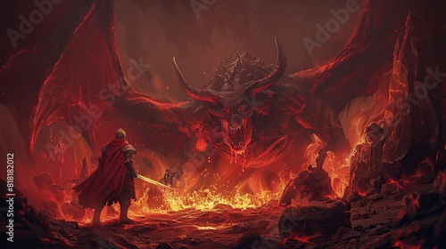 A knight with a sword is fighting a fire demon