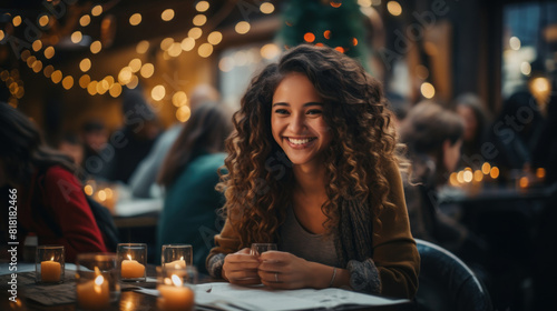 Smiling Woman Enjoying a Festive Evening in a Cozy Cafe with Warm Lighting