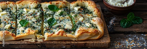 Square Khachapuri, Traditional Hachapuri, Delicious Tender Dough with Spinach, Melted Cheese