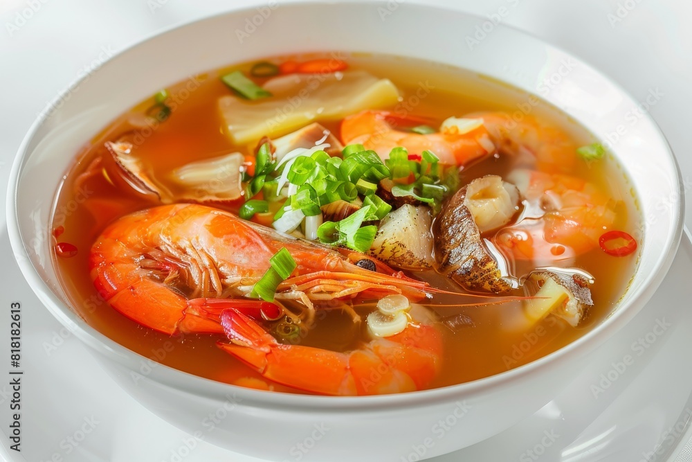 Red Soup with Seafood in White Plate Isolated Red Soup with Seafood in White Plate Isolated