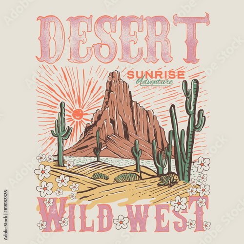 Hand drawn Desert Vintage Retro Pastel Color look wild west , women's colorful desert mountain print artwork , sunrise the desert , cactus print artwork under the desert mountain and sun, 