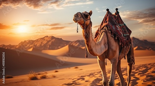 Nomad on Camel in Desert Near Pyramids at Sunset in Egyptian Landscape