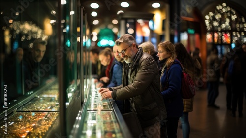 People Shopping at a Busy Jewelry Store Counter During the Holiday Season