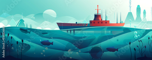 Subsea farming flat design front view theme of marine resource management animation Tetradic color scheme