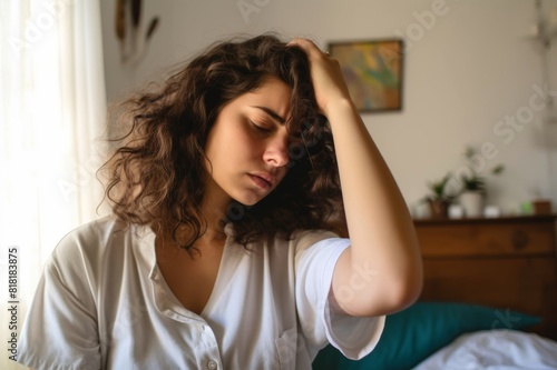close-up of a young woman on bed having a headache in morning
