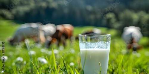 Cows Grazing in Green Field with Glass of Milk. Concept Nature Photography, Dairy Farming, Fresh Produce, Cattle Breeds, Health Benefits of Milk