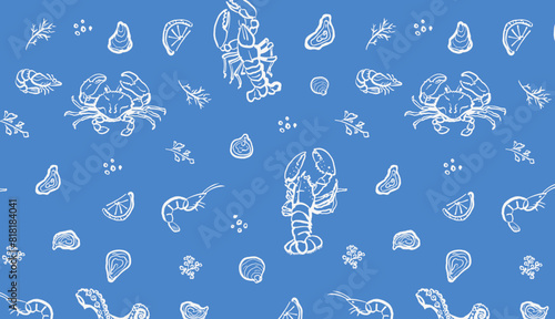 Seafood hand drawn seamless pattern on blue background. Crab, lobster, and shrimp with lemon and herbs illustration. Ocean and sea delicacy wallpaper. Design for branding, restaurant and menu.