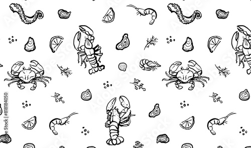 Seafood hand drawn seamless pattern on white background. Crab, lobster, and shrimp with lemon and herbs illustration. Ocean and sea delicacy wallpaper. Design for branding, restaurant and menu.