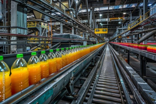 Beverage Factory Interior, Conveyor with Juice Bottles, Drink Production Line, Juice Industry
