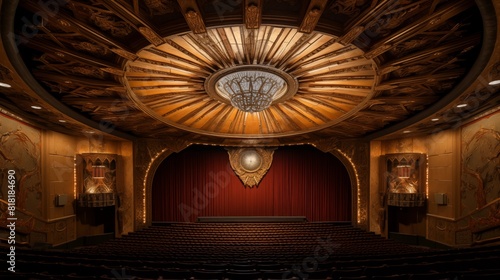 An ornate Art Deco theater ceiling with intricate frescoes, gilded reliefs, and a majestic central chandelier