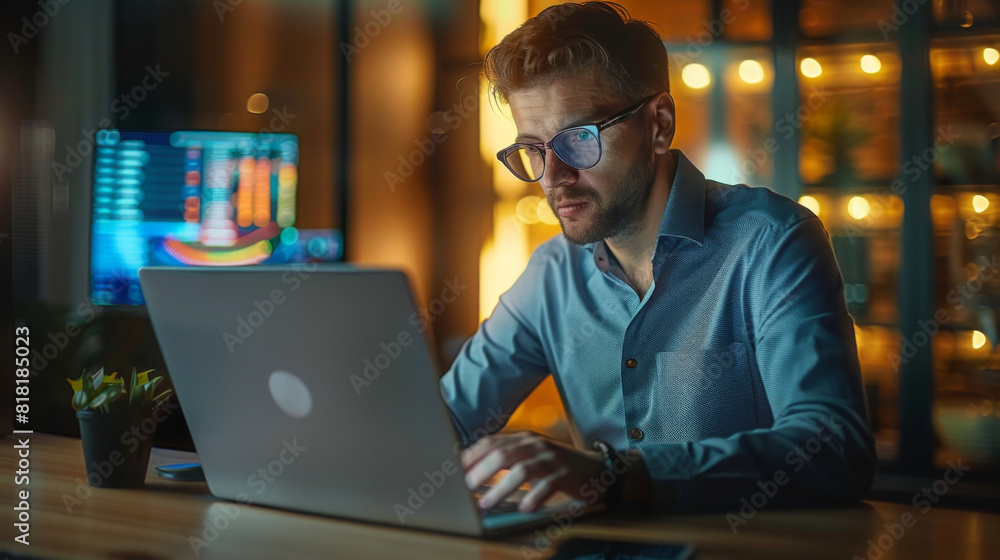 A businessman focused on interpreting marketing statistics and financial charts on his laptop in a well-lit, modern office A businessman focused on interpreting marketing statistics and financial charts on his laptop in a well-lit, modern office