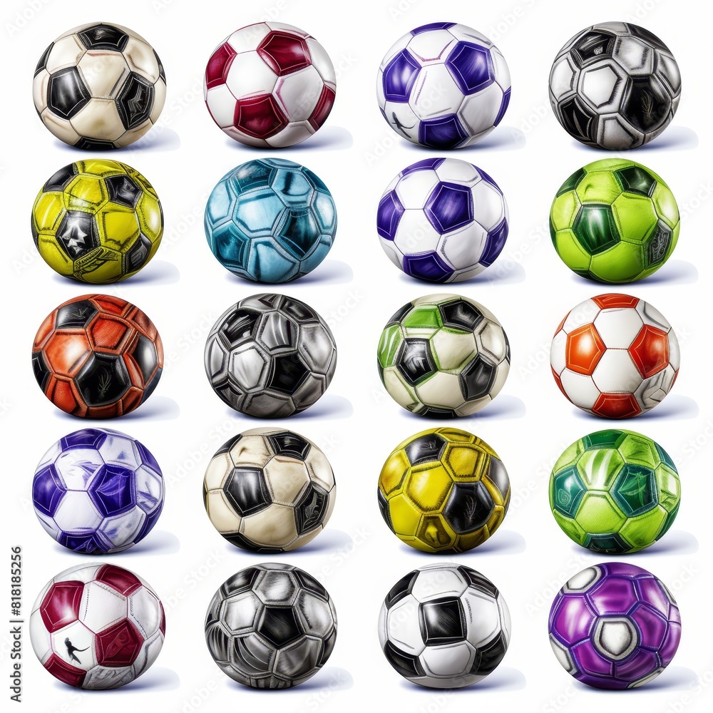 Colorful soccer balls illustration - high-quality image on white background for sale