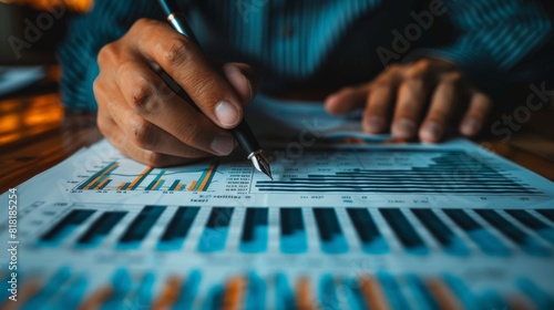 A businessman holding a pen over financial reports, overlaid with stock market graphs and investment data, symbolizing finance and budgeting