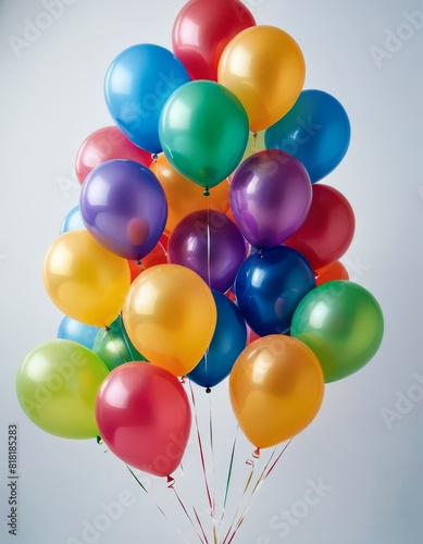 A cluster of colorful balloons in red, blue, green, and yellow, floating against a light background, perfect for celebrations.