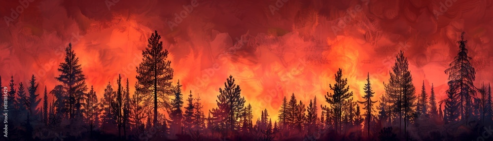A painting of a forest with trees on fire A painting of a forest with trees on fire