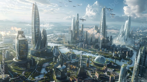 A futuristic city skyline featuring towering glass buildings, flying cars, and advanced technology, illustrating a utopian vision of the future 