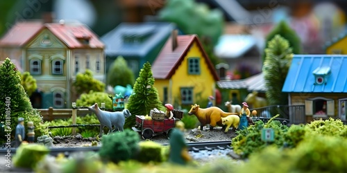 Tiny Town Market overrun by stampeding miniature animals chaos ensues among townspeople. Concept Tiny Town Market, Miniature Animals, Stampede Chaos, Townspeople Reactions, Humorous Reactions photo