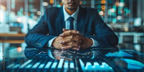 A businessman in a meeting, overlaid with financial charts and investment data, symbolizing business finance and budgeting photo