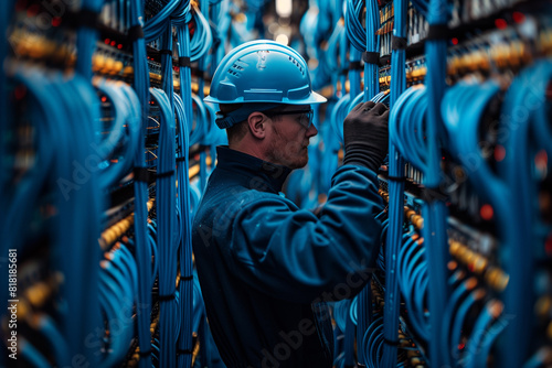 IT technician patching network cables in a data center