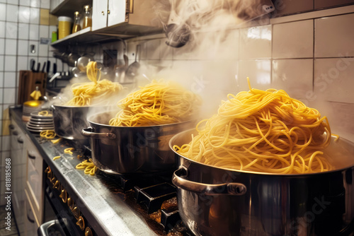 Full pots on a stove with a huge amount of pasta photo