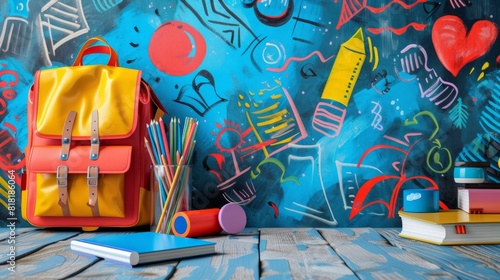 Creative illustration of a school theme, a bright school backpack with school supplies around. Concept of back to school, learning, school times 