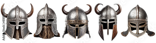 Set of viking helmets isolated on white background. Horned helmet, pieces of armor on a white background. 