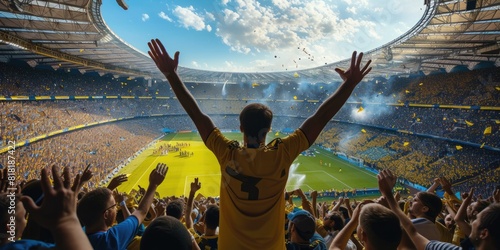 A fan wearing a yellow jersey exhibits a gesture of joy and excitement in a world stadium, enjoying leisure and fun while watching a team sport ball game. AIG41 photo