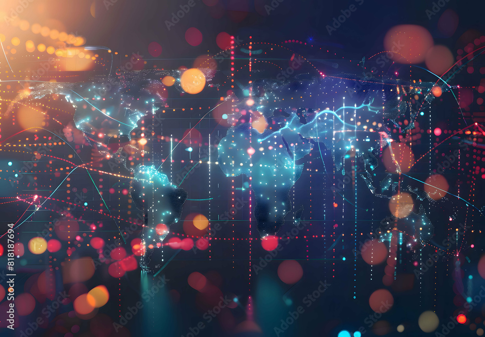 Develop a visual representation of the world map transformed into a dynamic trade grid, symbolizing the interconnected nature of international commerce Develop a visual representation of the world map transformed into a dynamic trade grid, symbolizing the interconnected nature of international commerce