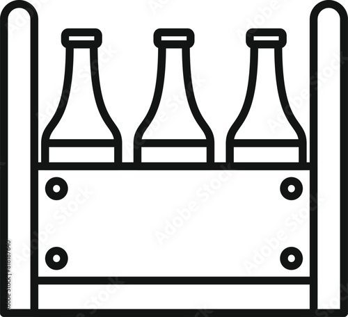 Black and white line art illustration of a classic wooden beer caddy holding three bottles