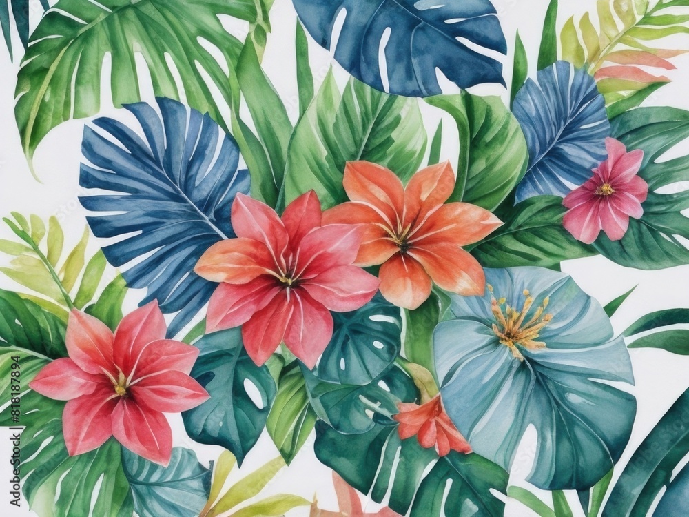 Watercolor drawing of tropical flowers and leaves. Watercolor drawing of tropical flowers and leaves.